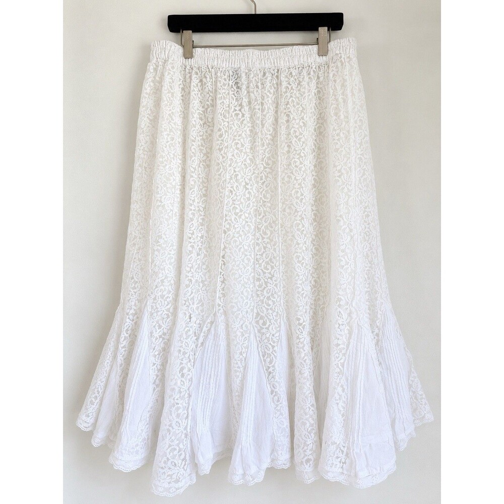 Pyramid Collection White Lace Maxi Skirt XL Boho Romantic Tiered Cotton Lined